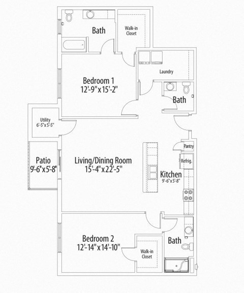 Floor plan for 2 beds, 2.5 baths, 1393 sqft